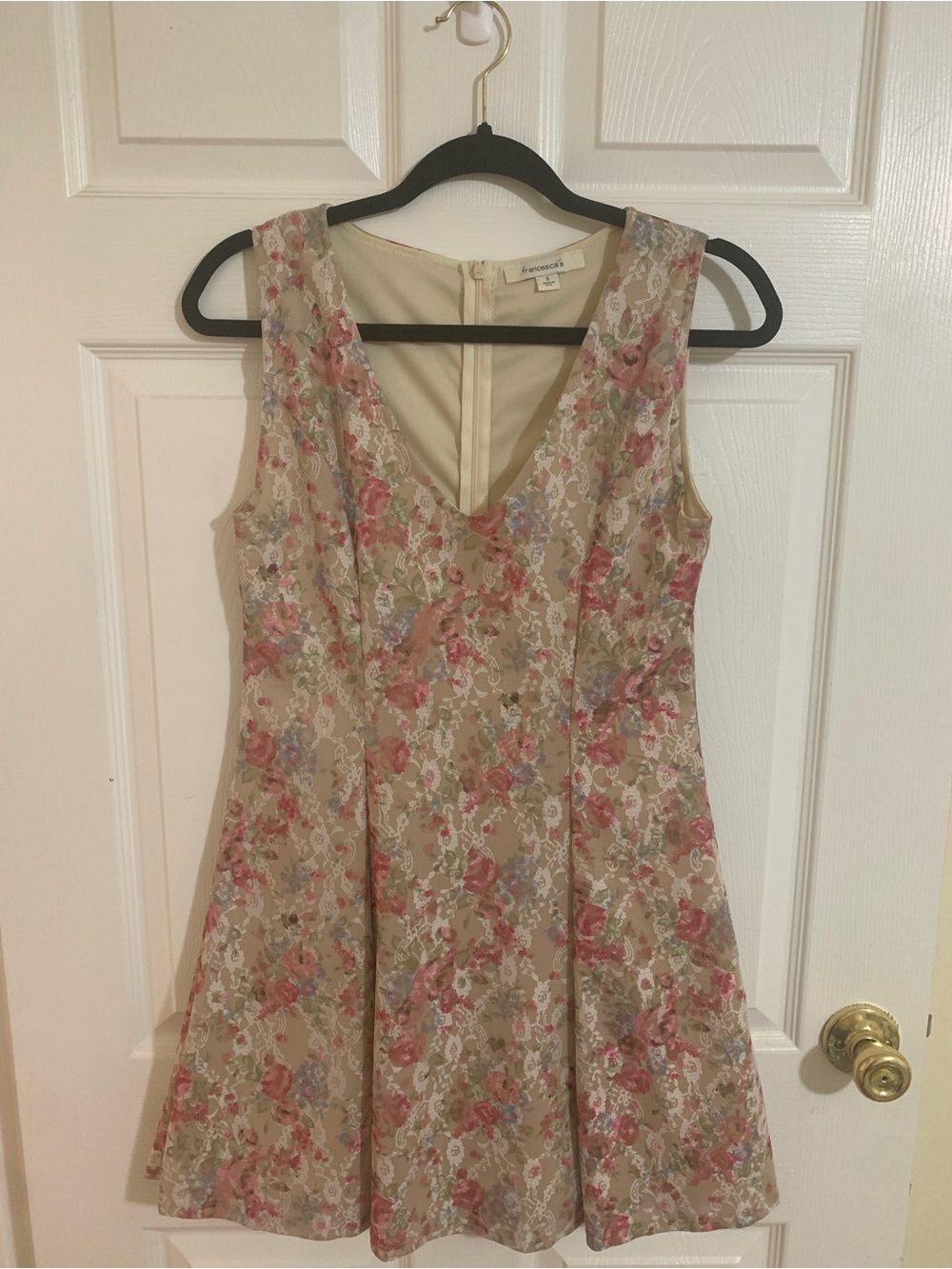 Francesca's Collections Beige Dress with Pink Floral Lace